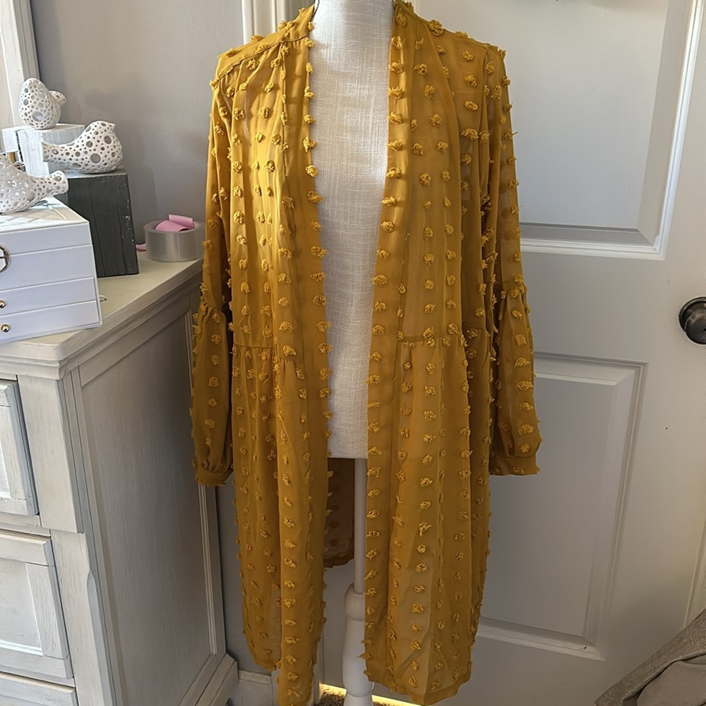 Mustard Dot-Texture Open Front Duster Coat